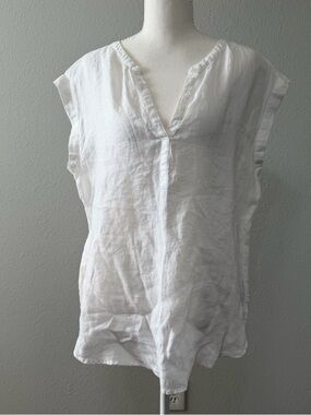Gap Linen Cap Sleeves V-Neck Semi Sheer White Popover Top Blouse Beachy Office E